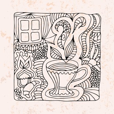 Fincan çay ve tatlılar ile Zentangle
