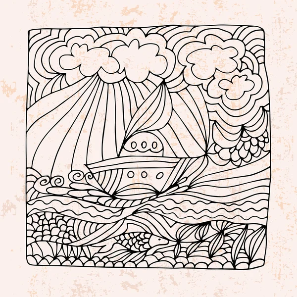 Zentangle con barco, mar y nubes — Vector de stock