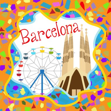 Sagrada Familia ve dönme dolap ile renkli Barcelona kartı bir