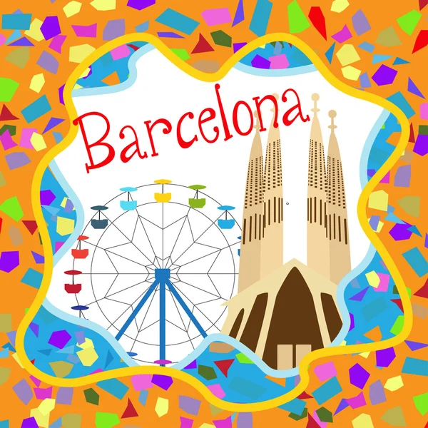 Colorida tarjeta de Barcelona con Sagrada Familia y noria una — Archivo Imágenes Vectoriales