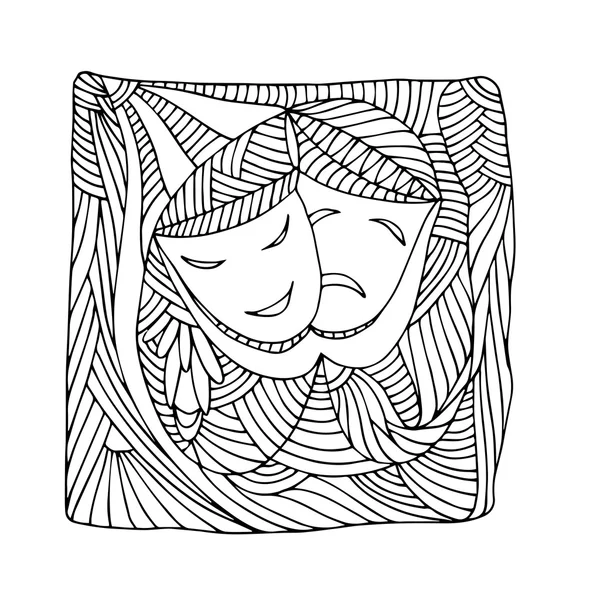 Színházi maszkok tragédia vígjáték - illusztráció, doodle — Stock Vector