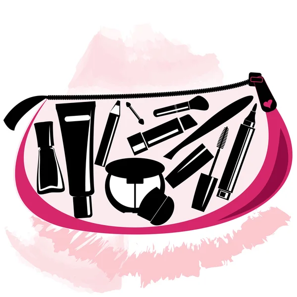 Bolsa de maquillaje con herramientas de esteticista en el interior — Vector de stock