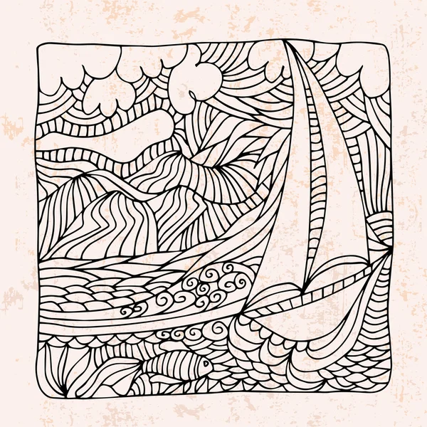 Zentangle avec bateau, mer et nuages — Image vectorielle