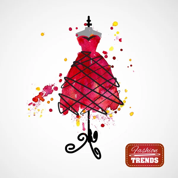 Aquarell rotes Kleid auf Schaufensterpuppe — Stockvektor