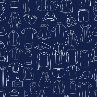 Giyim deseni, el çizimi nesneler beyaz çizgi. Kadın ve erkek vektör illüstrasyonunun farklı kıyafetleri 