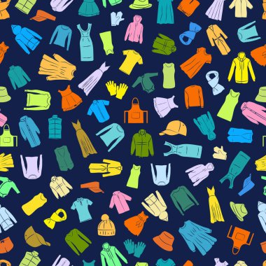 Kusursuz giysi deseni, farklı renkte erkek ve kadın vektör illüstrasyonu.