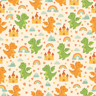 Şirin ejderhalarla kusursuz vektör deseni. Peri masalı elementleriyle çevrili yeşil ve turuncu yavru ejderhalar: Ortaçağ kalesi, gökkuşağı, dağlar, bulutlar ve kalpler. Çocuklar için renkli fantezi geçmişi.