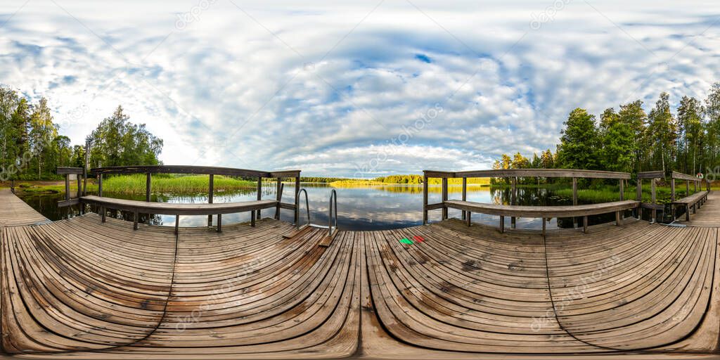 360 Degree Panorama of Sunset on Forest Clearing with Calm Lake and Wooden Footbridge, Sweden