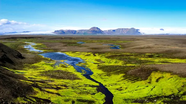 Panorama View Rivulet Flowing Volcanic Landscape Moss Covered Riverbanks Glacier — Stock Photo, Image