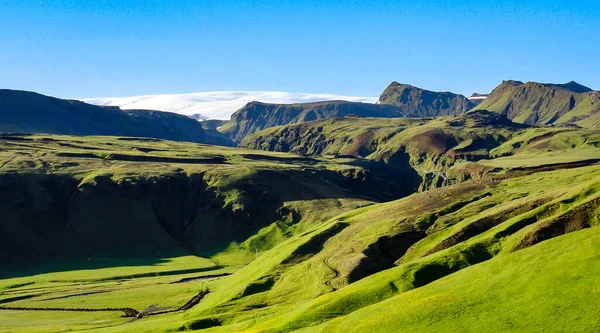 Krajobraz Bujnymi Zielonymi Łąkami Wulkanicznych Wzgórzach Ośnieżonym Lodowcem Tle Błękitnego — Zdjęcie stockowe