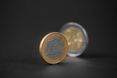 Stüdyo makro parlak bir ve iki Euro 'luk yakın plan karanlık arka plana karşı hayat boyu