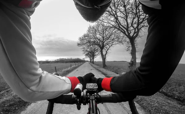 Strange Pov Cyclist Aero Tuck Position Straight Country Road Winter — Stock Photo, Image