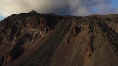 Magnificent drone view of highland terrain on background of cloudy blue sky in La Palma