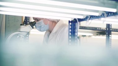 Modern laboratuarda deney yaparken mikroskop altında kimyasal madde inceleyen odaklanmış kadın biyolog.