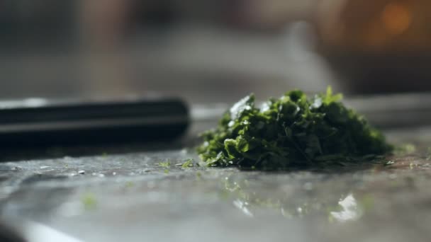 Slow Motion Weergave Van Onherkenbare Mannelijke Chef Kok Hakken Verse — Stockvideo