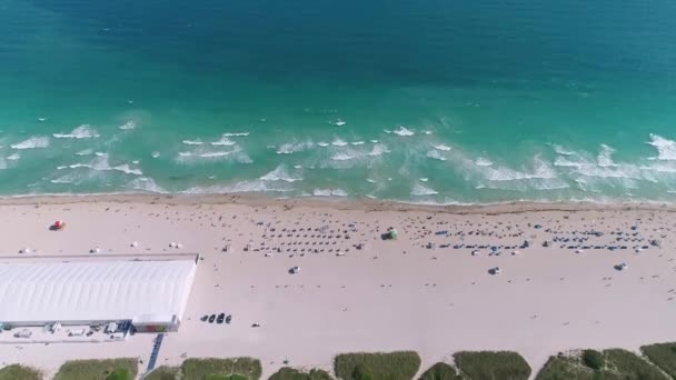 从无人驾驶飞机上俯瞰迈阿密海岸线 海浪冲刷着海滩上的白沙 与现代道路和建筑物被绿地与热带树木隔开 — 图库视频影像
