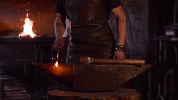 伝統的な鍛冶の仕事中にハンマーでアンビルにエプロン加熱と印象的な鉄の若い残酷な職人の側面図 — ストック動画