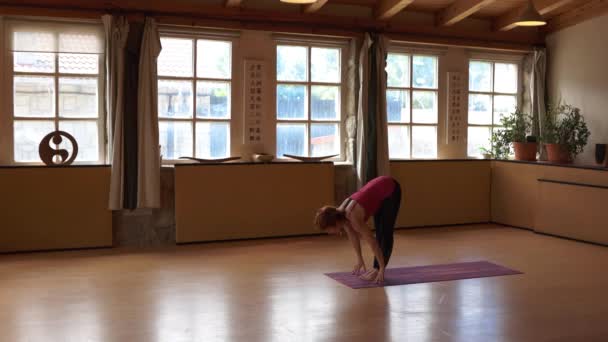 Vue Latérale Femme Faisant Variation Poses Yoga Tout Pratiquant Yoga — Video