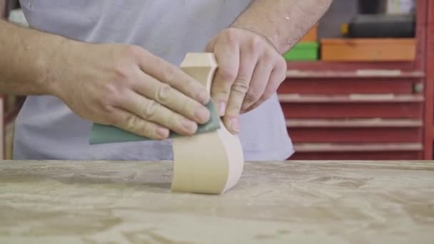 Artisan Polishing Wooden Detail Using Sandpaper Carpentry Workshop — Stock Video
