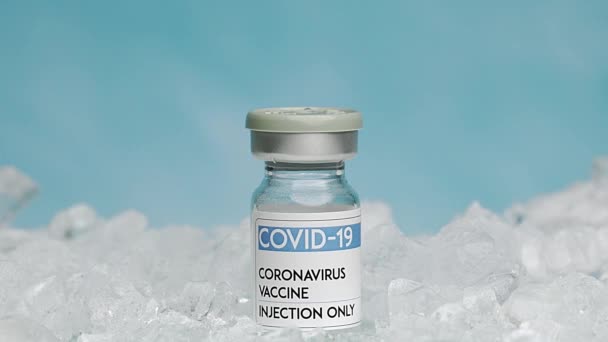 Closeup Glass Vial Vaccine Covid Placed Ice Freezer — Stock Video