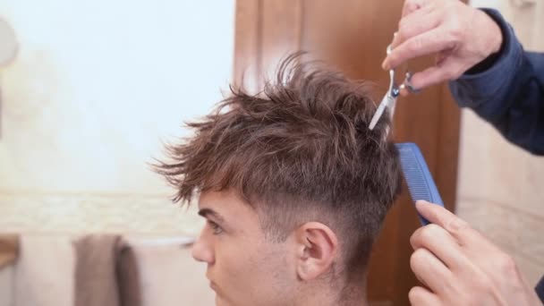 Hombre Las Cosechas Cepillado Pelo Chico Joven Haciendo Peinado Baño — Vídeo de stock