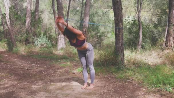 全身上下都是身穿运动服的年轻女性 她们一边蹲着 一边用固定在树上的健身橡皮筋锻炼 — 图库视频影像