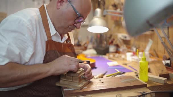 Side View Male Master Craftsman Using Professional Tool Building Musical — Vídeo de Stock