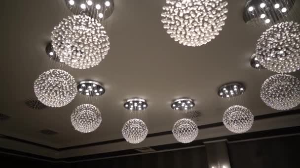 Pan Shiny Crystal Shaped Chandeliers Hanging Ceiling Spacious Hall — Stock Video