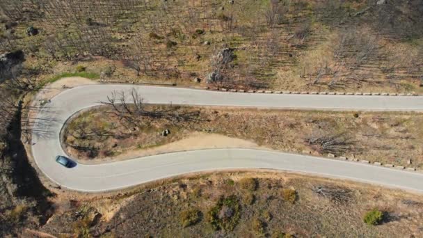 Drone View Car Driving Asphalt Serpentine Road Sunny Day Highland — Wideo stockowe