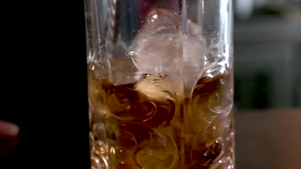 バーでガラス瓶内の氷のキューブと冷たいアルコール飲料を混合匿名バーマン — ストック動画