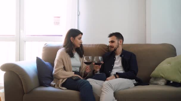 Gözlüklü Kırmızı Şaraplı Rahat Çift Kanepede Oturup Hafta Sonunu Birlikte — Stok video