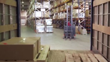 Forklift kamyonundaki lojistik şirketinin erkek çalışanı.