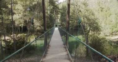 Güneşli bir günde, sakin yeşil göl üzerinde ağır çekimde modern asma köprü.