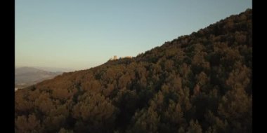 Yukarıdan insansız hava aracı manzarası orman ve antik taş kale duvarlı yeşil tepe vadisinin manzarası