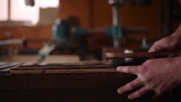 Çalışan Erkek Marangoz Tezgahta Duruyor Keresteleri Fırçayla Parlatmakla Meşgul — Stok video
