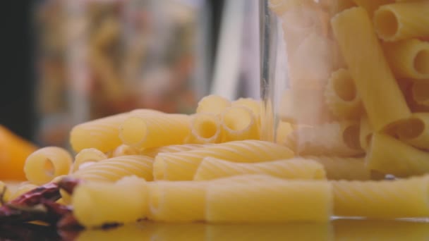Closeup Pan Left Shot Uncooked Macaroni Pasta Arranged Table Fresh — Wideo stockowe