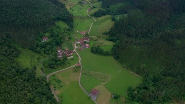 Overhead View Building Roofs Narrow Roadways Green Meadows Trees Basque — 图库视频影像