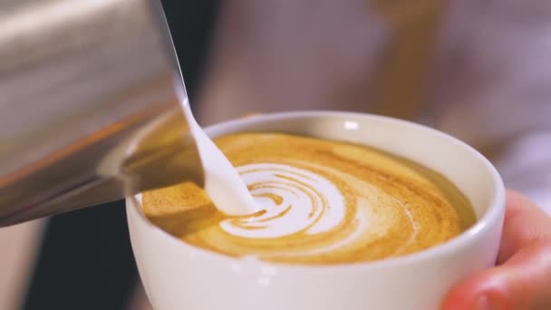 Closeup Unrecognizable Barista Pouring Hot Milk Metal Pitcher White Cup — Αρχείο Βίντεο