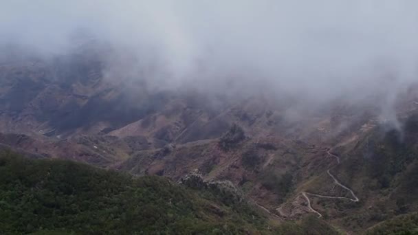 Picturesque Aerial View Winding Mountain Road Clouds Foggy Windy Day — Stockvideo