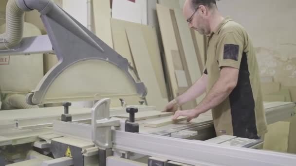 Attente Timmerman Snijden Hout Met Behulp Van Trimmachine Werkplaats — Stockvideo