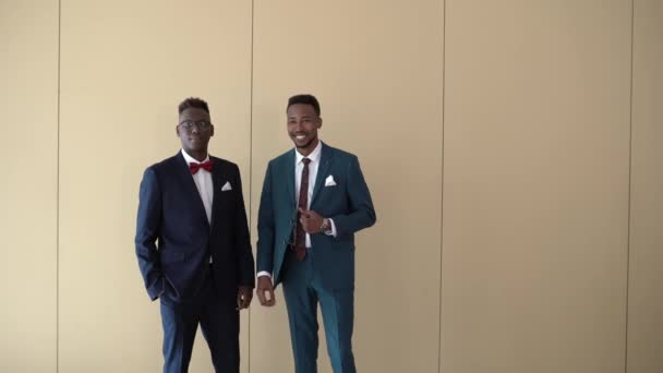 Carefree Black Groom Suit Best Man Posing Together Room Ceremony — Stock Video