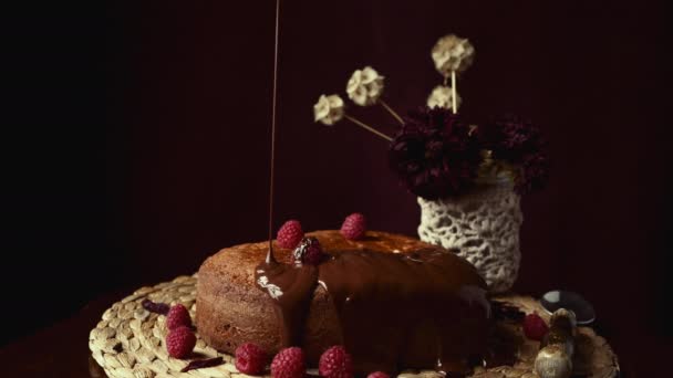 Appetizing Homemade Cake Fresh Berries Being Poured Chocolate Topping Placed — Stock Video