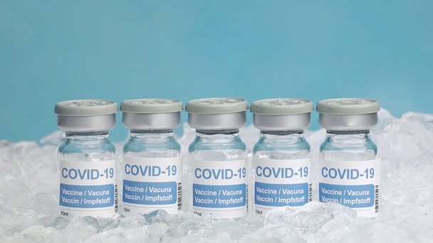 Closeup Glass Vials Vaccine Covid Placed Ice Freezer — Stock Video