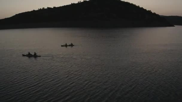 Pan Drone View Two Double Canoes Floating One Another Calm — Stockvideo
