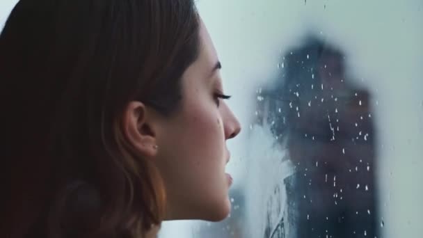 窓から雨を楽しみながらぬれたガラスにハートの絵を描くチャーミングな女性のクローズアップ — ストック動画