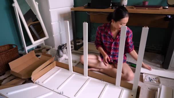 新しいアパートで家具を組み立てながら ふわふわの犬の歌と踊りで床に座って幸せなアジアの女性 — ストック動画