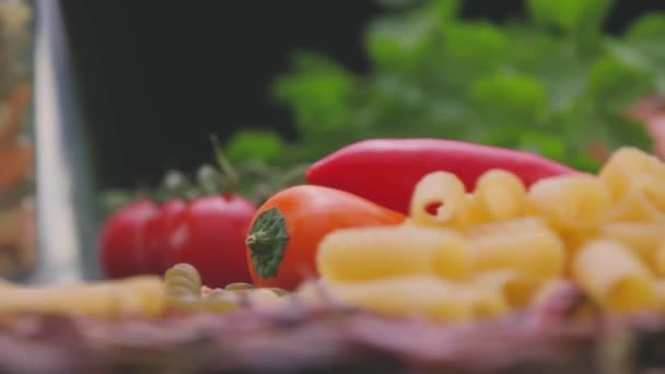 Closeup Pan Left Shot Uncooked Macaroni Pasta Arranged Table Fresh — Vídeo de Stock