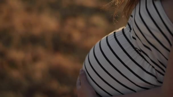 Doamnă Gravidă Fericită Rochie Dungi Atingând Burtica Uitându Departe Timp — Videoclip de stoc