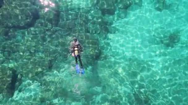 Zoom Out Drone View Unrecognizable Scuba Diver Swimming Clear Sea — Stock Video