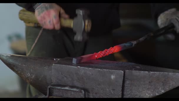 保護手袋の作物匿名の鍛冶屋は鍛冶屋で仕事中に加熱されたアンビルに曲げ鉄の詳細を置く — ストック動画